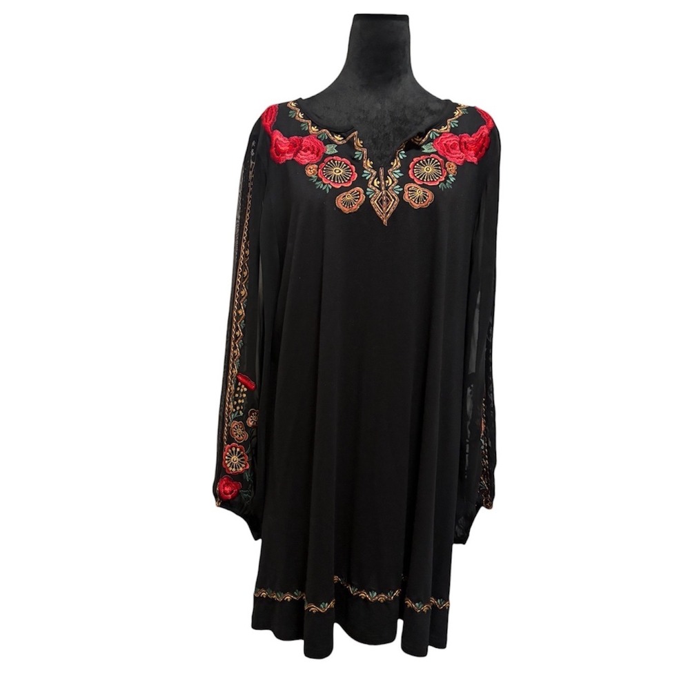 Vintage Collection Tunic Dress XL Black Floral Embroidered Sheer Sleeve EUC
